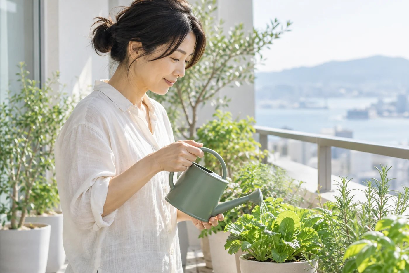 ベランダで鉢植えの葉野菜を手入れする場面のイメージ